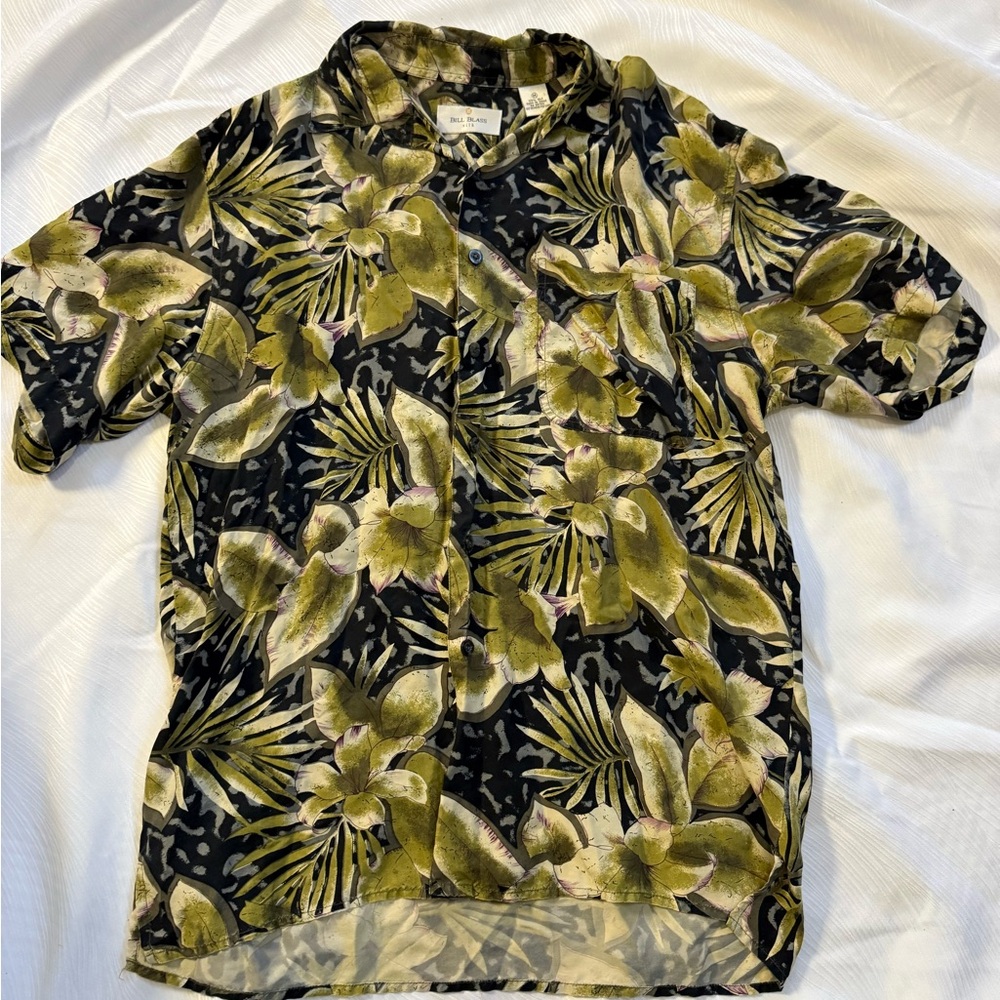 Vintage Bill Blass Silk Shirt Men M Black Green Floral Leaf Hawaii Aloha Style